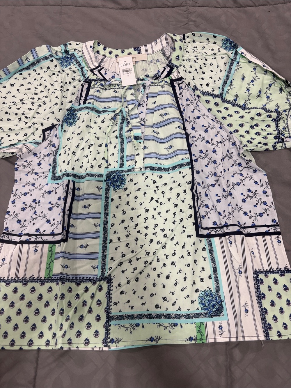 LOFT Mint Green and Navy Patchwork Floral Blouse